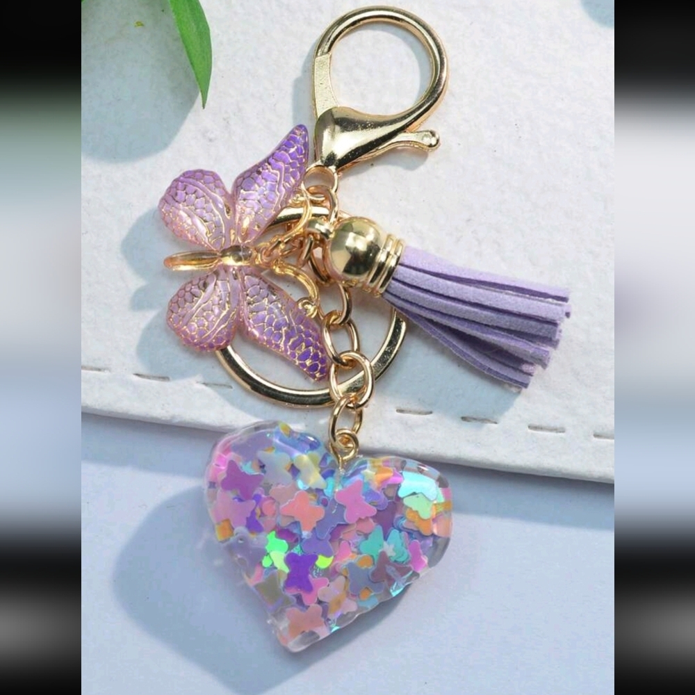 Beautiful Heart, butterfly and tassel bag charm/ Keychain New